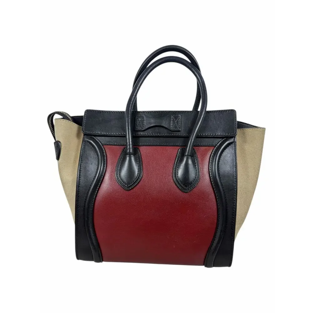 Celine Tricolor Mini Luggage Tote Bag Calf Leather Suede Rust Red Black